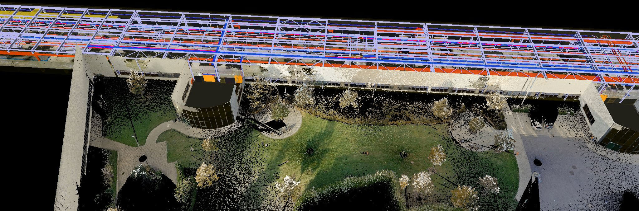 3D render of an industrial hall layout showing 3D point clouds and a 3D model