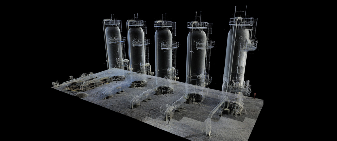 Vessels and piping in an industrial plant captured with 3D laser scan survey