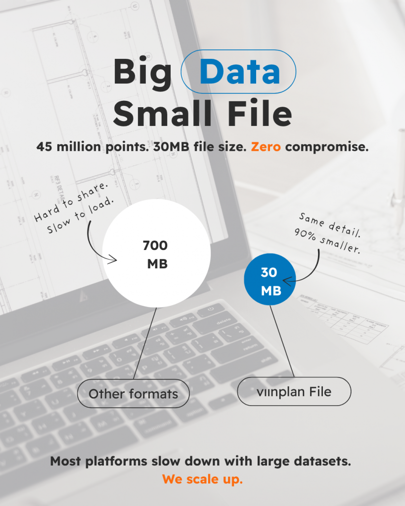 Viinplan banner showing big data handled in small files: 45 million points in 30MB compared to 700MB files on other platforms, with a schematic of two circles illustrating file size difference