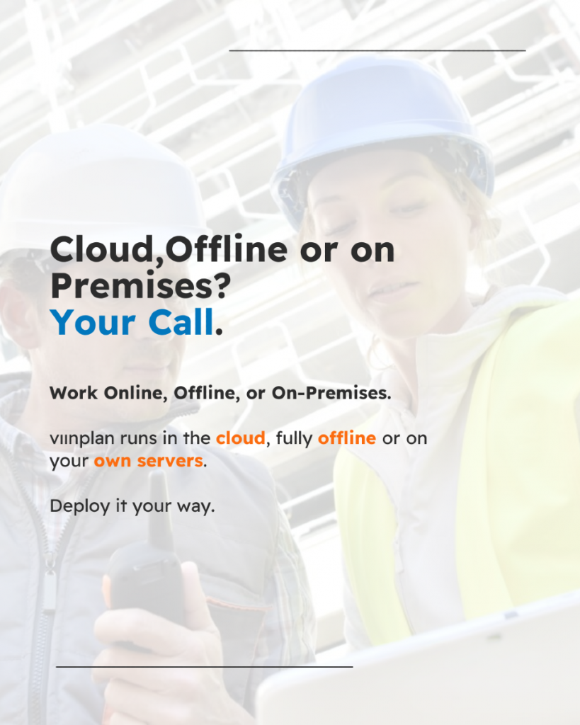 Viinplan banner showing deployment options: cloud, offline, or on-premises for flexible project management