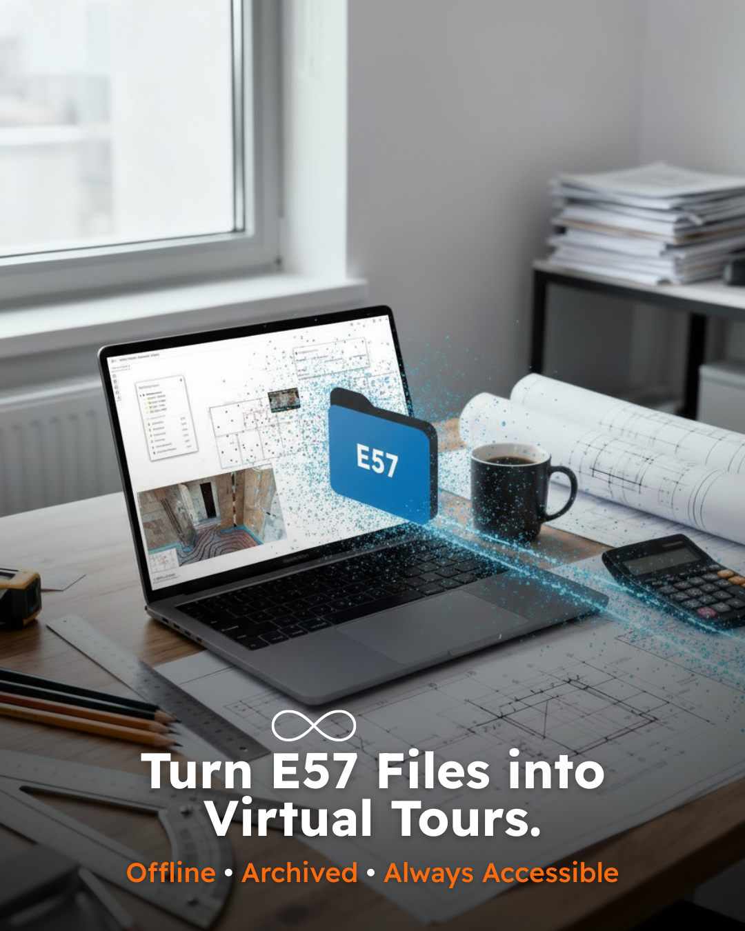 Computer in office showing a Viinplan virtual tour with a 3D E57 file flying into the screen, illustrating conversion into virtual tours