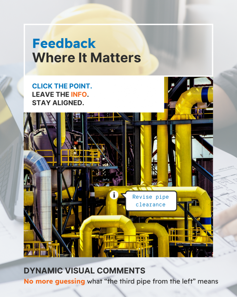 Section of an industrial plant showing a Viinplan information point labeled ‘revise pipe clearance’, illustrating dynamic visual comments and collaboration