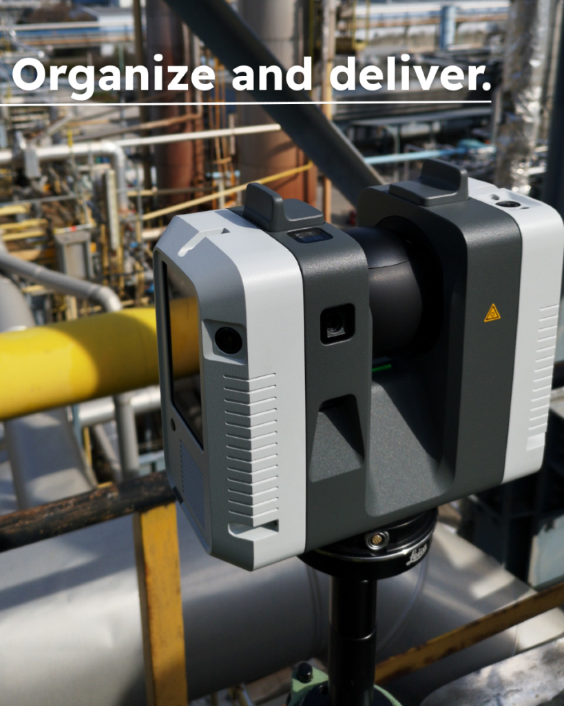 Field Text Field Text 3D laser scanner set up in an industrial facility with pipes and metal structures, highlighting organization and deliverables