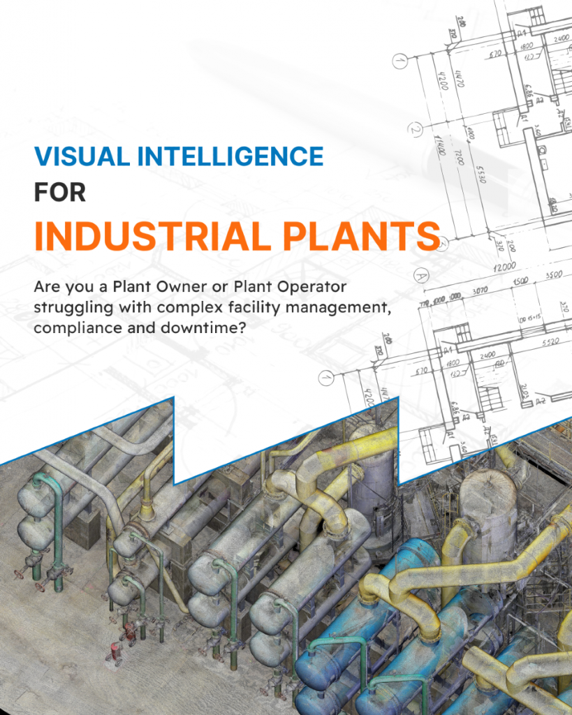 Field Text Alt text “Aerial view of a 3D laser scan of an industrial plant alongside 2D drawings, highlighting facility management challenges